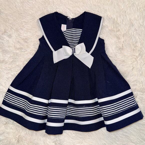 Bonnie Baby Girls Navy Sailor Dress 12M Bow Striped Nautical Holiday Outfit - Picture 2 of 4